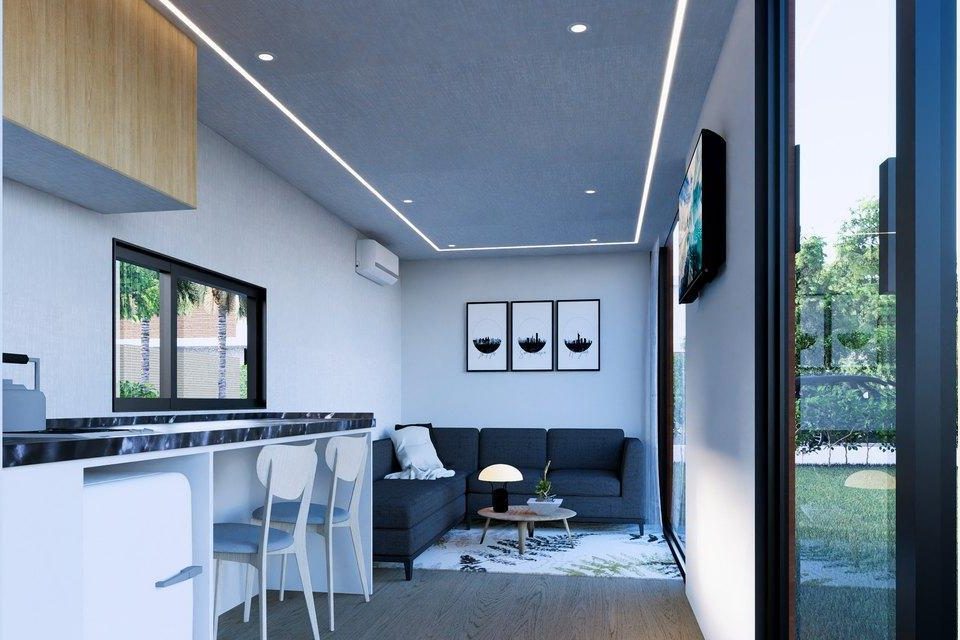 Intérieur aménagé : cuisine, séjour et chambre